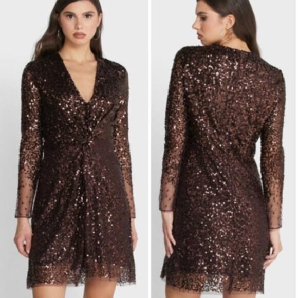FRENCH CONNECTION Dress Size 4 Emille Sparkle Long Sleeve Sequin Sheath Brown - Picture 2 of 15